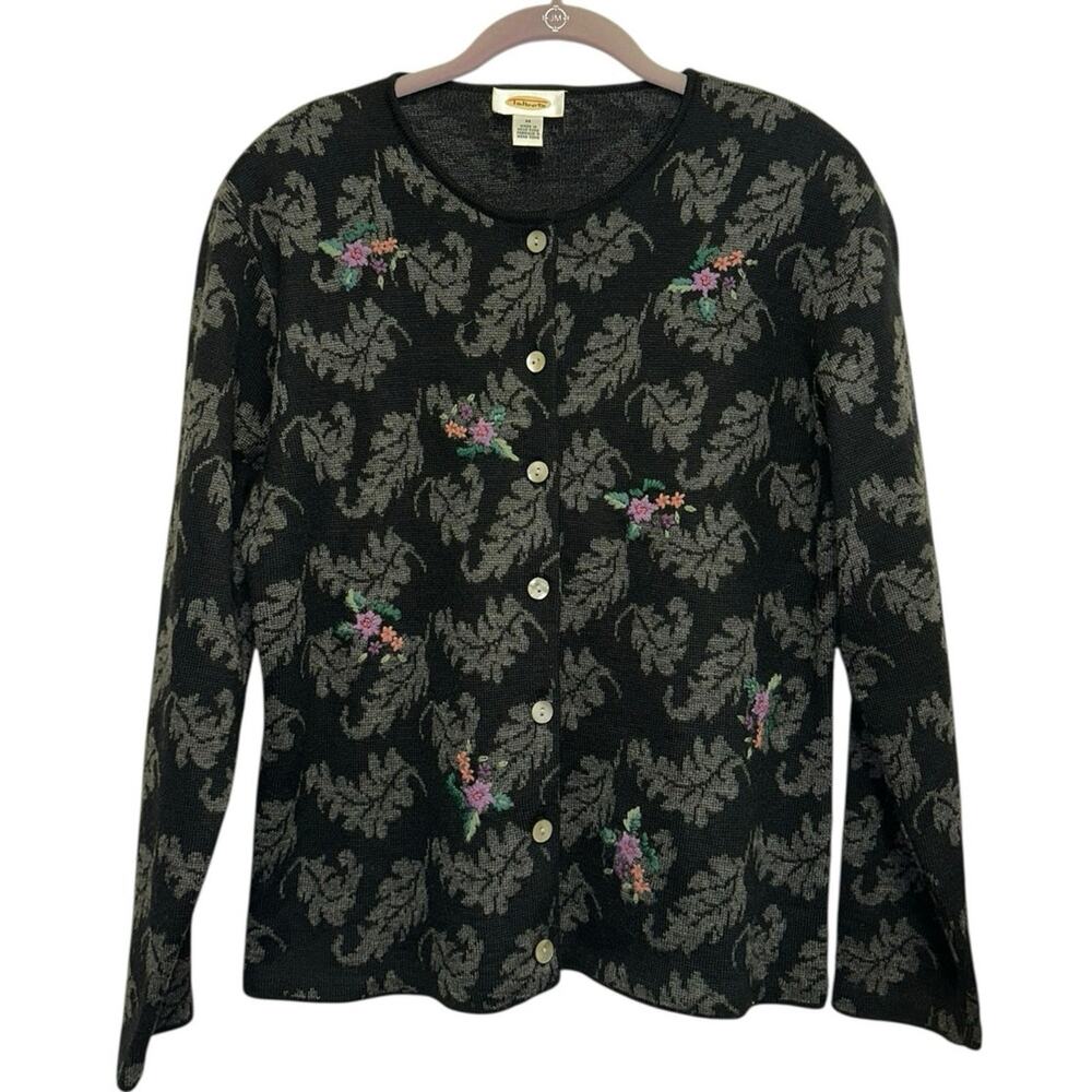 Vintage Talbots Wool Blend Cardigan Sweater Womens Medium Floral Leaf